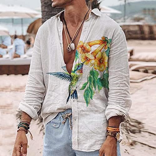 GDJGTA Pamuk Keten Gömlek Erkekler için Uzun Kollu Büyük ve Uzun Düğme Hippi Turn Down Yaka Baskı Grafik Tee Uzun
