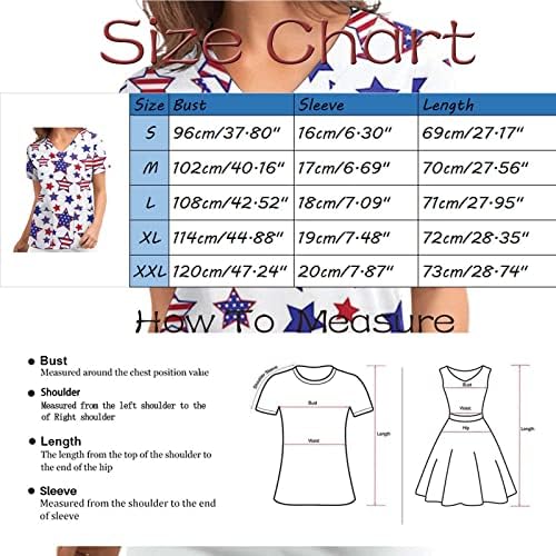 4th Temmuz Gömlek Kadınlar için Abd Bayrağı Yaz Kısa Kollu V Boyun Tees 2 Cepler Bluz Üst Tatil Rahat İş Giysisi