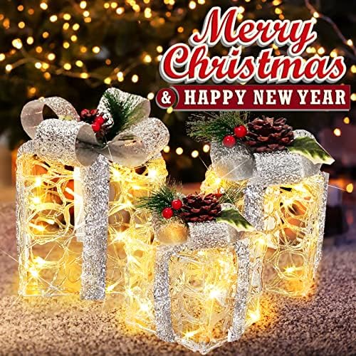 Noel ışıklı hediye kutuları süslemeleri, Plug-İn sıcak beyaz 70 led ışık Up hediye kutuları açık kapalı Noel ağacı