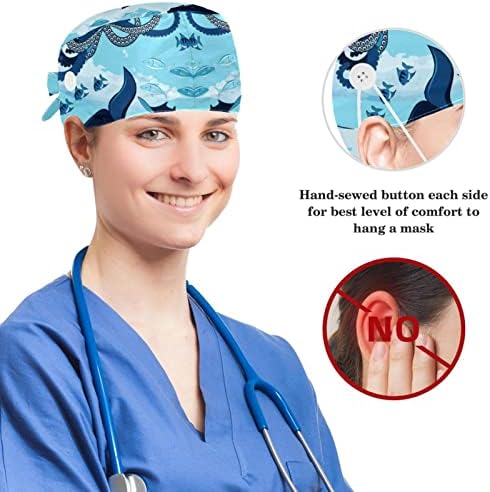 yoyoAmoy Ayarlanabilir Çalışma Kap Düğmesi ile Pamuk Ter Bandı Kawaii Balina Penguen Mavi Desen Cerrah Kap Kadınlar