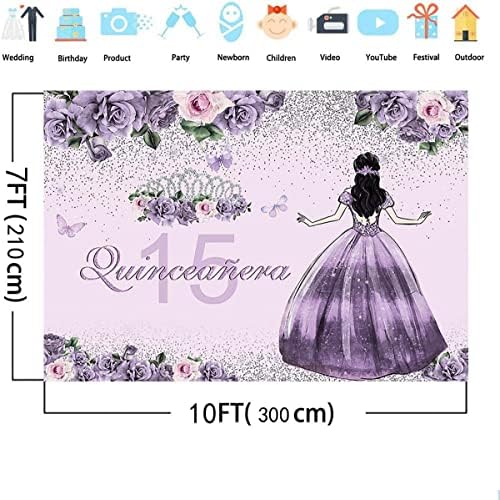 MEHOFOND 10x7ft Quinceanera 15th Doğum Günü Zemin Altın Taç Mor Çiçek Elbise Taç Prenses Fotoğraf Arka Plan 15th Doğum