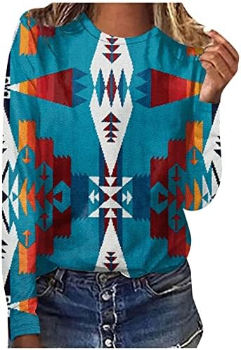 Vintage Gömlek Kadınlar için Rahat Aztek Etnik Tarzı Baskılı Tees Batı Uzun Kollu Geometri Grafik Bluz Tops