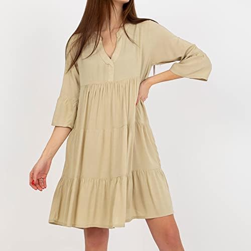 MIASHUI Sevimli Elbiseler Cepler ile Kadınlar Katı Renk V Boyun Uzun Kollu Casual Gömlek Elbise Plaj Uzun Maxi Elbiseler