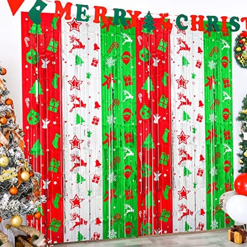 LOLStar Noel Partisi Dekorasyon, 2 Paket Noel Temalı Desen Folyo Saçak Perdeleri 3.2 X 6.6 ft Kırmızı Gümüş Yeşil