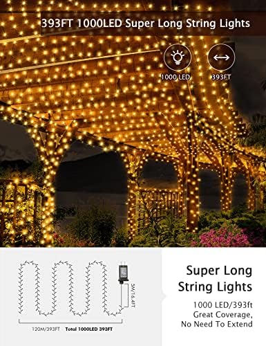 GUSODOR açık peri ışıkları 405FT 1000 LED dize ışıkları 8 modları su geçirmez ve zamanlayıcı uzaktan noel ışıkları