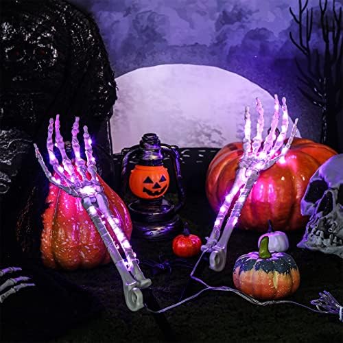 2 Paket Cadılar Bayramı süslemeleri 60 Led 18.3 inç gerçekçi ışıklı iskelet kol kazıkları Büyük iskelet elleri Zamanlayıcı
