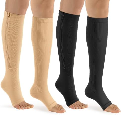 bropite Fermuar varis çorabı - 2 Pairs Buzağı Diz 15-20 mmHg Burnu açık varis çorabı Yürüyüş, Koşu, Hemşireler, Gebelik