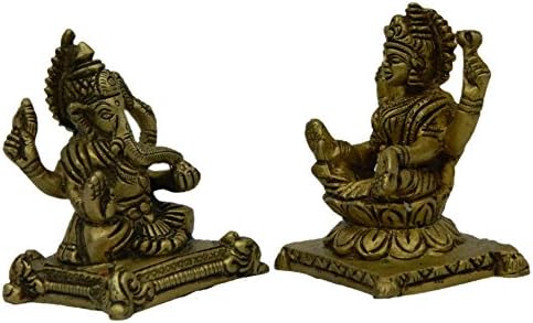 BHARAT HAAT Pirinç Metal Ganesh ve Laxmi El Sanatlarında Orta Büyüklükte Oturmuş BH02841