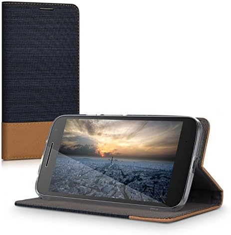 kwmobile Kitap Stil Kılıf Motorola Moto G4 Oynamak ile Uyumlu - PU Deri Kumaş Cüzdan Kapak Standı ile - Koyu Mavi