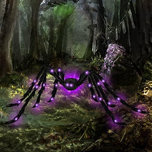 JOYIN Mor LED ışıkları ile 5 Ft Light Up Tüylü Örümcek, gerçekçi Cadılar Bayramı Prop Süslemeleri, Cadılar Bayramı