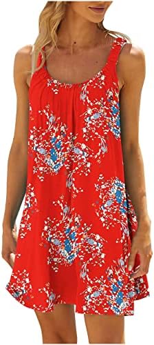 Kadın Elbise Yaz Rahat Yuvarlak Boyun Çiçek Cami Tankı Elbise Flowy Salıncak Tatil Sundress Kısa Plaj Elbiseleri Beachwear