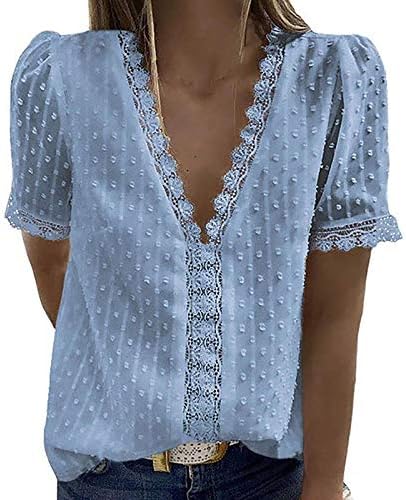 Bayan Yaz dantel üstler Kısa Kollu V Boyun Polka Dot Bluz Gömlek Dökümlü Tunik Üstleri Gömlek Şık Rahat İş Üstleri