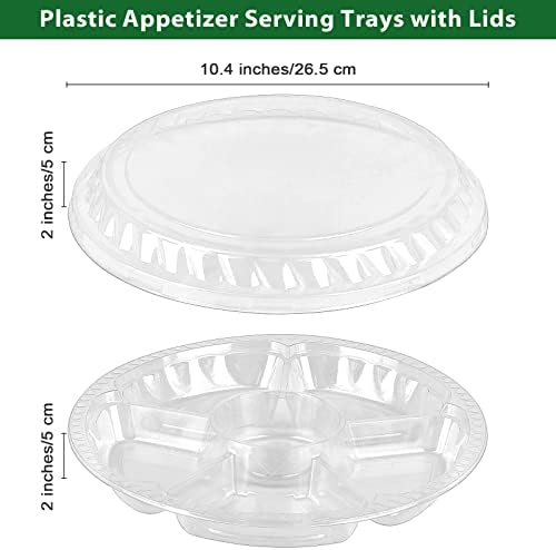 Ruısıta 16 Paket 10.4 İnç Yuvarlak Plastik Meze Servis Tepsileri Kapaklı 6 Bölümlü Tek Kullanımlık Yemek Servis Kapları