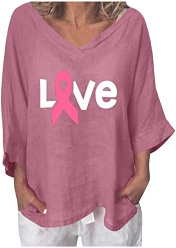 Kadın Rahat Keten Gömlek 3/4 Batwing Kollu Meme Kanseri Bilinçlendirme Bluz Üst V Boyun Sevimli Şerit grafikli tişört