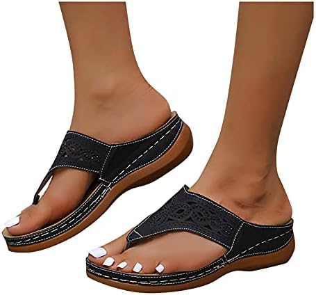 GuangYuan Kama Tanga Sandalet Kadın Roma Ayakkabı Kemer Desteği İle Burnu açık Plantar Fasiit Kama Sandalet Plaj Seyahat