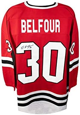 Ed Belfour İmzalı Chicago Blackhawks Özel Kırmızı Hokey Forması-JSA COA