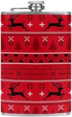 Kırmızı Örme Noel Desen Ren Geyiği Ağacı 8 oz Kalça Paslanmaz Çelik Şişe ve Huni Seti, Ceket Ceplerine ve Pantolonlara