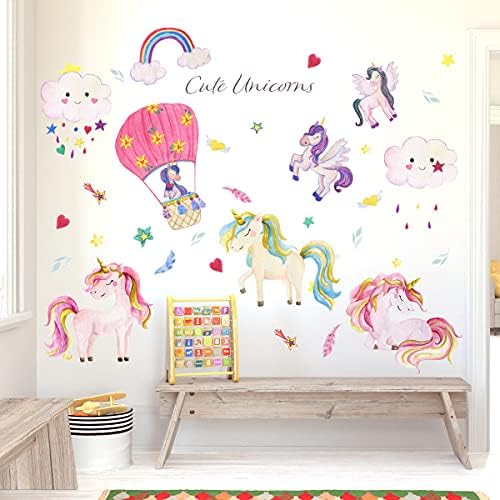 Renkli Unicorn duvar Çıkartmaları Çocuklar için Bulut Gökkuşağı Sıcak Hava Balonu Yıldız duvar çıkartmaları Kız Odası