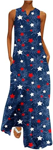 Géneric kadın yaz elbisesi 2023 Bağımsızlık Günü Moda V Yaka Kolsuz Akşam Parti Baskı Cep Yelek uzun elbise