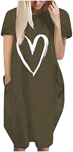 Kadın kısa kollu tişörtler Elbise Rahat Moda Kalp Baskı 2023 Yaz Tunik Elbiseler Gevşek Kısa Elbise cepli
