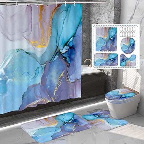 Guassi 4 Adet Mavi Mermer Duş Perdesi Setleri, Duş Perdesi ve Kilimli Banyo Takımları, Banyo Dekor Halısı Tuvalet