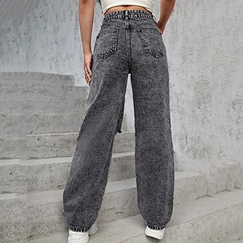 MIASHUI Jean Pantolon Kadınlar için Çan Alt Kadın Pantolon Delik Kot Düğmesi Elastik Cep Bel Kot Jean Kargo Pantolon