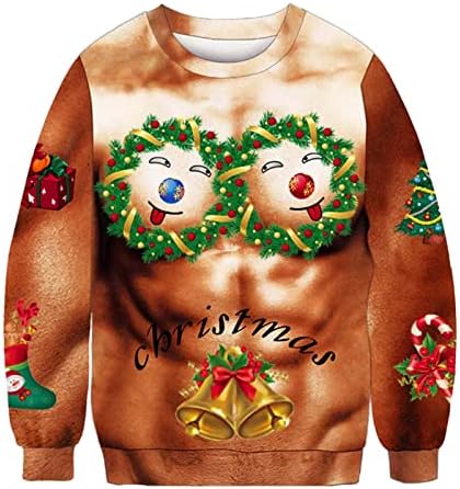 Sınzelımın Çirkin Noel Kazak erkek Komik 3D Tees Gömlek Uzun Kollu Kazak Gevşek Rahat O-Boyun T-Shirt Bluz Tops