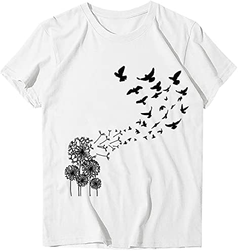 Genç Kız Gömlek Kısa Kollu 2023 Ekip Boyun Kuş Karahindiba Çiçek Grafik Mutlu Hediye Rahat Üst Gömlek Kadınlar için