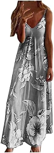 HCJKDU Sundress Kadınlar için Spagetti Kayışı Kolsuz V Boyun Çiçek Baskı Maxi Elbise Gevşek Rahat Yaz Plaj uzun elbise