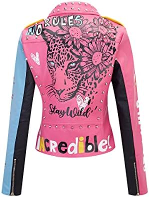Bellıvera Faux Deri Ceket Kadınlar için Çivili Perçin Çiçek Moto Biker Kısa Yaka Ceket