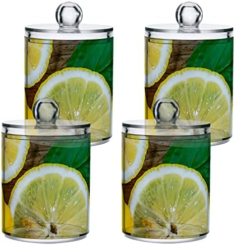 YYZZH Limon Dilim Narenciye Meyve Yeşil Yaprak Üzerinde Ahşap 4 Paket Qtip Tutucu Dağıtıcı için pamuklu çubuk Topu