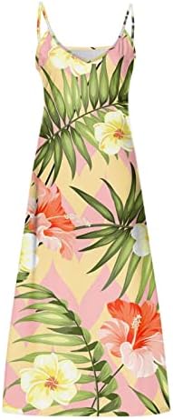 Yaz Uzun Elbiseler Kadınlar için Casual Çiçek Spagetti Kayışı V Boyun Kolsuz Sundress Gevşek Plaj Maxi Elbise