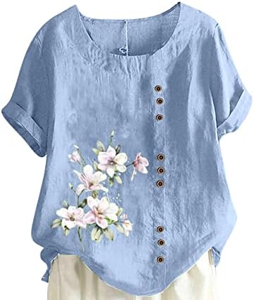 Tekne Boyun Keten T Shirt Kadın Kısa Kollu Çiçek Grafik Büyük Boy Casual Bluz Tshirt Kızlar 2023 3L