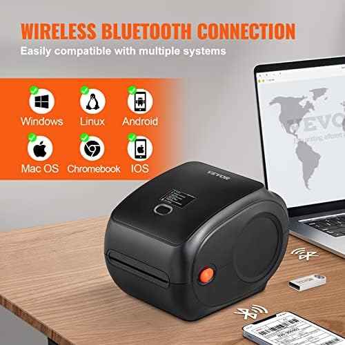 VEVOR Bluetooth 300 DPİ Termal Etiket Yazıcı, 4x6 Nakliye Etiket Yazıcı, Otomatik Etiket Tanıma, destek Windows/macOS/Linux/Chromebook/Android/iOS,