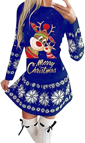 Xmas_Dress kadın Rahat Noel Baskılı Yuvarlak Boyun Fırfır Etek Uzun Kollu Elbise Sevimli Geyik Elk Kar Tanesi