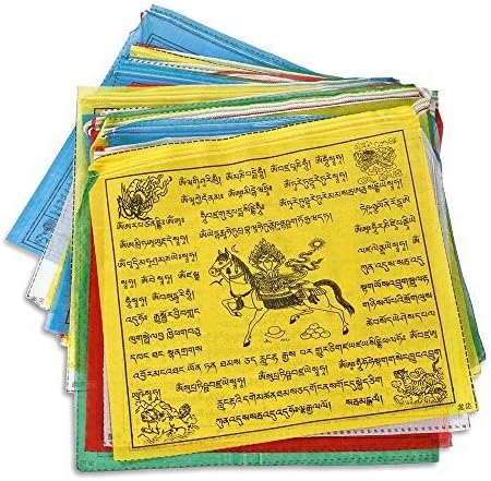 Maha Bodhi Tibet Sakin Namaz Bayrakları-12x12 İnç Rüzgar Atı ve Kalachakra Lungta Yeni Renk Seti Bayrak-25'li paket
