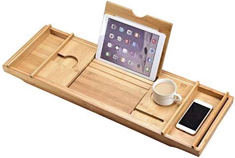 Lhh Banyo Tepsisi, Uzatılabilir Bambu Banyo Caddy Köprüsü şarap bardağı Tutucu, Tablet, Kitap, İpad ve telefon tutucu