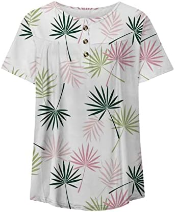 Bayan Çiçek Baskı Tunik Üstleri V Boyun Düğmesi T-Shirt Yaz Kısa Kollu Bluz Gömlek Temel Moda Yumuşak Tee Gömlek