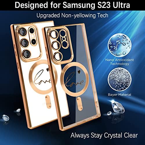 Tam Kamera Kapağı Korumalı Samsung Galaxy S23 Ultra için Manyetik Şeffaf Kılıf [Güçlü Mıknatıs] Lüks Aşk Kalp Desen