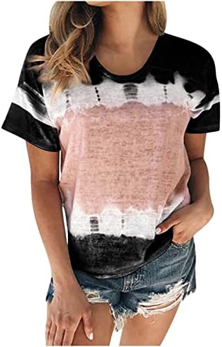 Bayanlar Degrade Renk Blok Grafik Bluzlar Crewneck Tops Tişörtleri Kısa Kollu Salonu Kravat Boya Yaz Güz Bluzlar