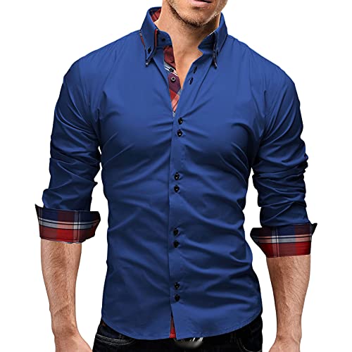 Erkek Uzun Kollu Şık Elbise Gömlek Patchwork Casual Düğme Aşağı Gömlek Slim Fit Düz Renk Gömlek Üst (Beyaz, Büyük)
