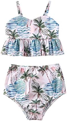 2 ADET Toddler Bebek Kız Bikini Seti, Halter Ruffles Bitkileri Üst + Çiçek Yay Şort Mayo Beachwear Mayo