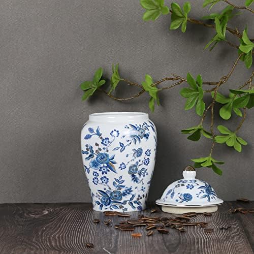 Kapaklı Çin Zencefil Kavanozu Jingdezhen Antika Stili, Ev Dekoratif Retro Mavi ve Beyaz Porselen Çiçekler Seramik